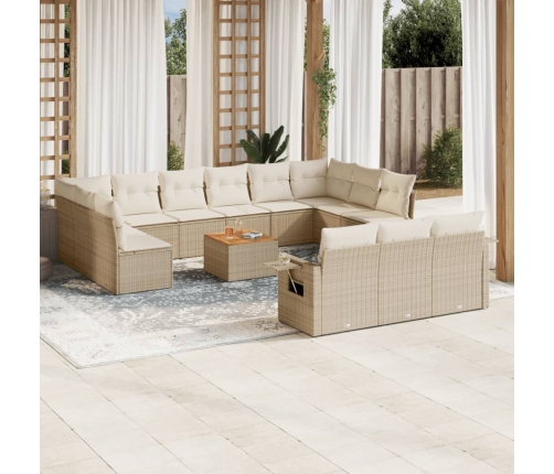 Set sofás de jardín 14 pzas con cojines ratán sintético beige