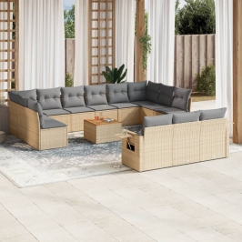 Set sofás de jardín 14 pzas con cojines ratán sintético beige