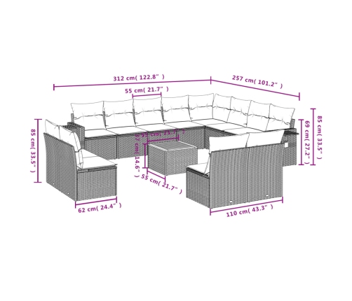 Set sofás de jardín con cojines 13 pzas ratán sintético beige