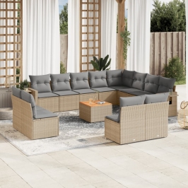 Set sofás de jardín con cojines 13 pzas ratán sintético beige