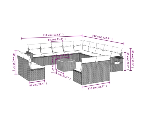 Set sofás de jardín 14 pzas con cojines ratán sintético beige