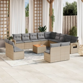 Set sofás de jardín 14 pzas con cojines ratán sintético beige