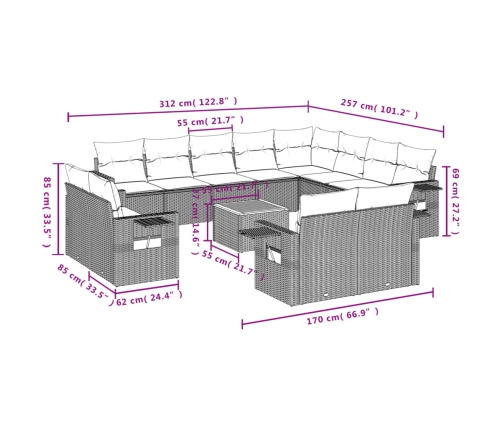 Set sofás de jardín con cojines 13 pzas ratán sintético beige