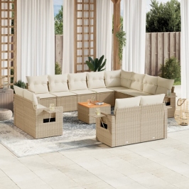 Set sofás de jardín con cojines 13 pzas ratán sintético beige