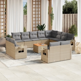 Set sofás de jardín con cojines 13 pzas ratán sintético beige