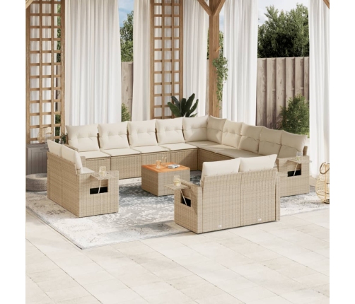 Set sofás de jardín 14 pzas con cojines ratán sintético beige