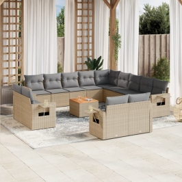 Set sofás de jardín 14 pzas con cojines ratán sintético beige