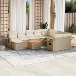 Set de sofás de jardín 11pzas con cojines ratán sintético beige