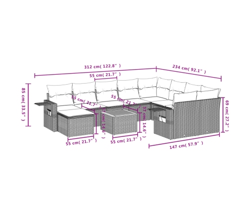 Set de sofás de jardín 11pzas con cojines ratán sintético beige