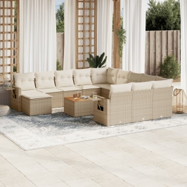 Set sofás de jardín con cojines 13 pzas ratán sintético beige