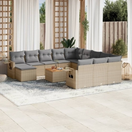 Set sofás de jardín con cojines 13 pzas ratán sintético beige