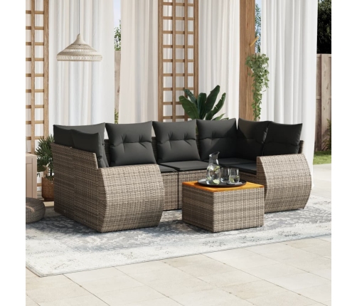 Set de sofás de jardín 7 piezas con cojines ratán PE gris