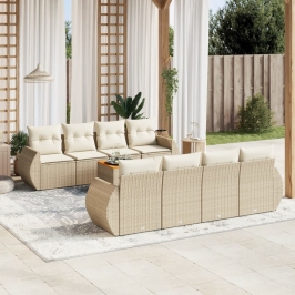 Set de sofás de jardín 9 pzas con cojines ratán sintético beige