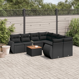 Set de sofás de jardín 8 piezas y cojines ratán sintético negro