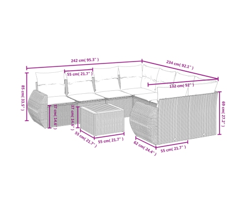 Set de sofás de jardín 9 pzas con cojines ratán sintético beige