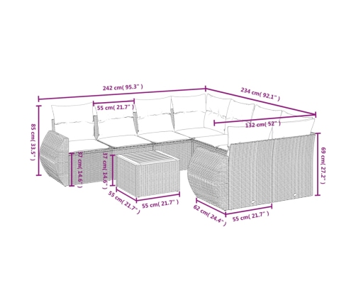 Set de sofás de jardín 9 pzas con cojines ratán sintético beige