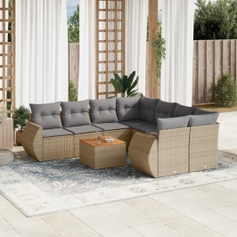 Set de sofás de jardín 9 pzas con cojines ratán sintético beige