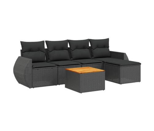 Set de sofás de jardín 6 piezas y cojines ratán sintético negro