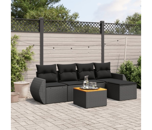 Set de sofás de jardín 6 piezas y cojines ratán sintético negro