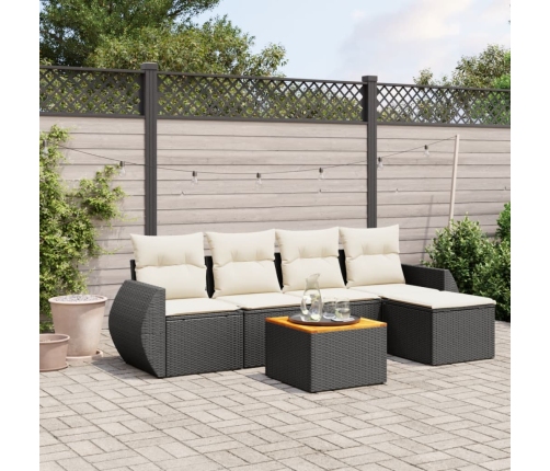Set de sofás de jardín 6 piezas y cojines ratán sintético negro
