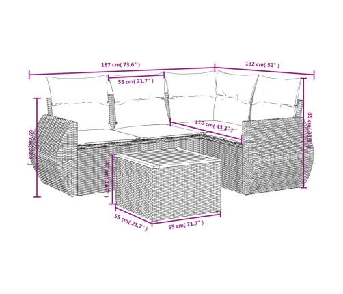 Set de muebles de jardín 5 pzas y cojines ratán sintético negro