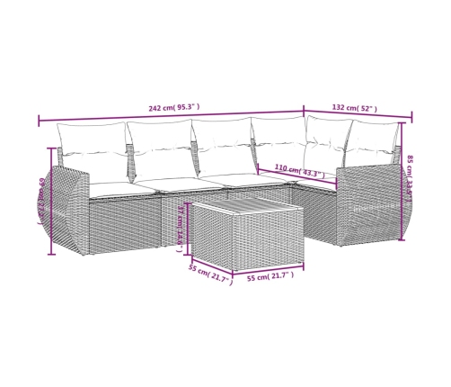 Set de muebles de jardín 6 pzas y cojines ratán sintético gris