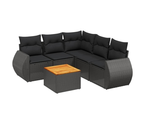 Set de sofás de jardín 6 piezas y cojines ratán sintético negro