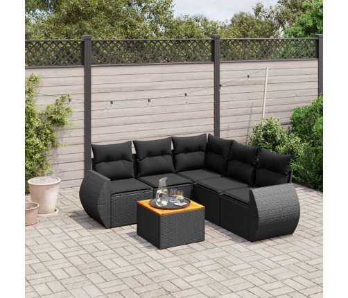 Set de sofás de jardín 6 piezas y cojines ratán sintético negro