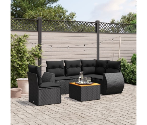 Set de sofás de jardín 6 piezas y cojines ratán sintético negro