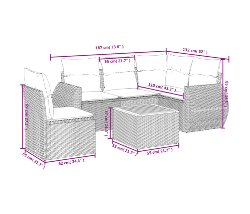 Set de muebles de jardín 6 pzas y cojines ratán sintético gris