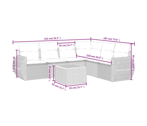 Set de comedor de jardín 7 pzas y cojines ratán sintético negro