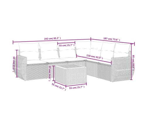 Set de sofás de jardín 7 piezas con cojines ratán PE gris