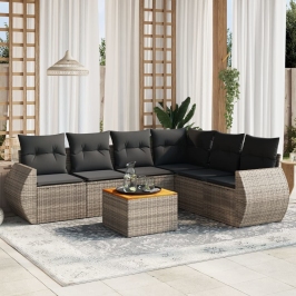 Set de sofás de jardín 7 piezas con cojines ratán PE gris
