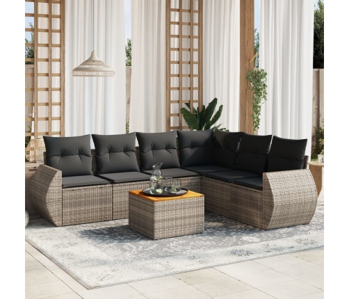 Set de sofás de jardín 7 piezas con cojines ratán PE gris