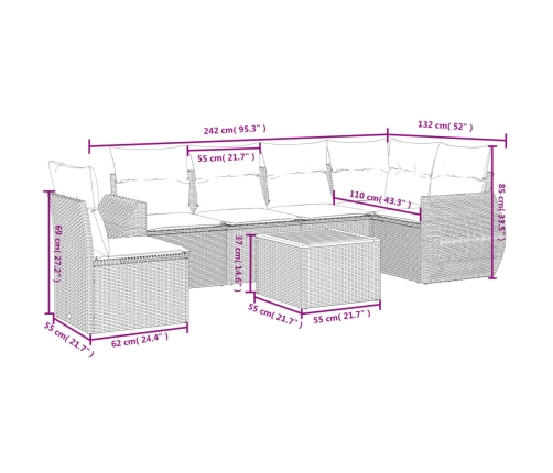 Set de comedor de jardín 7 pzas y cojines ratán sintético negro