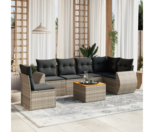 Set de sofás de jardín 7 piezas con cojines ratán PE gris