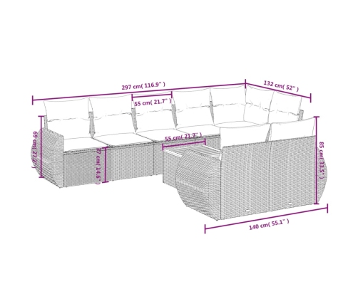 Set de sofás de jardín 9 pzas con cojines ratán sintético beige
