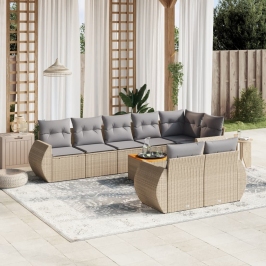 Set de sofás de jardín 9 pzas con cojines ratán sintético beige