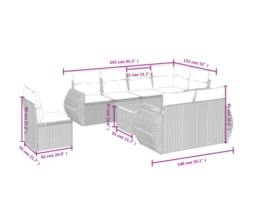 Set de sofás de jardín 9 pzas con cojines ratán sintético beige