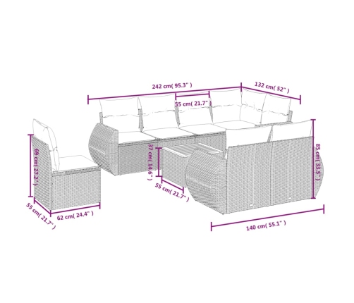 Set de sofás de jardín 9 pzas con cojines ratán sintético beige