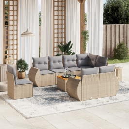 Set de sofás de jardín 9 pzas con cojines ratán sintético beige