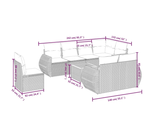 Set de muebles de jardín 9 pzas y cojines ratán sintético gris