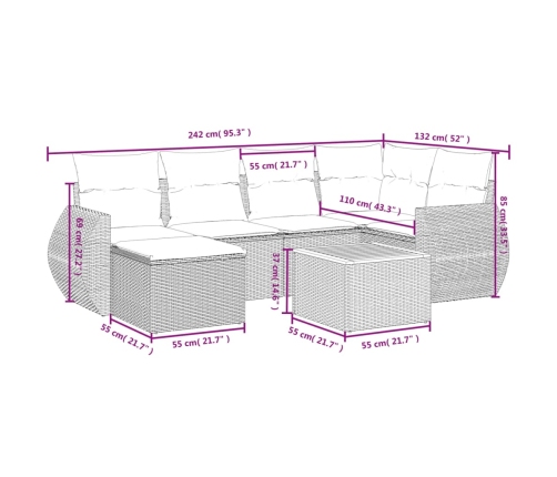 Set de comedor de jardín 7 pzas y cojines ratán sintético negro