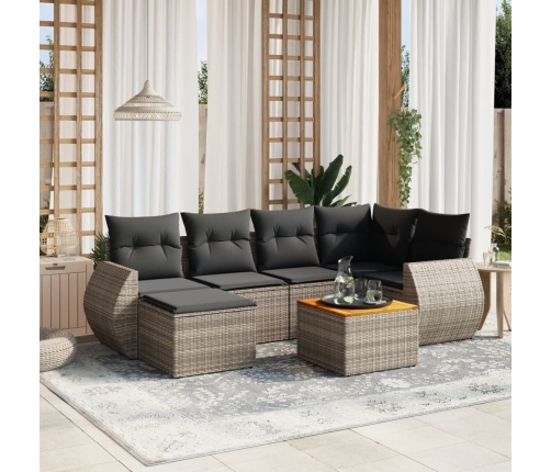 Set de sofás de jardín 7 piezas con cojines ratán PE gris