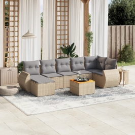 Juego de sofás de jardín con cojines beige 8 pzas ratán PE
