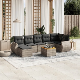 Set de sofás de jardín 8 pzas y cojines ratán sintético gris