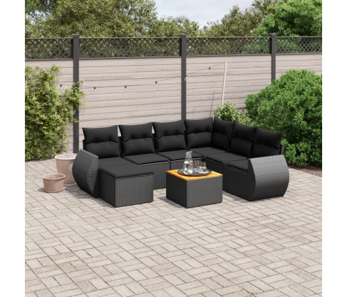 Set de sofás de jardín 8 piezas y cojines ratán sintético negro