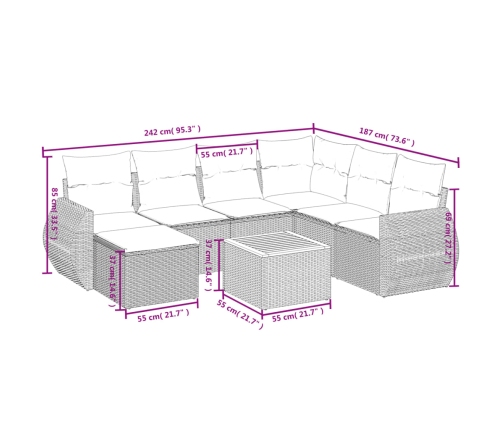 Set de sofás de jardín 8 pzas y cojines ratán sintético gris