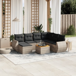 Set de sofás de jardín 8 pzas y cojines ratán sintético gris