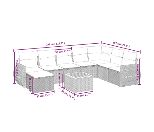 Set de sofás de jardín 9 pzas con cojines ratán sintético beige